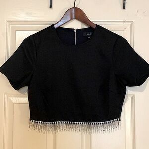 Sparkle Hour Black Short Sleeve Rhinestone Fringe Crop Top